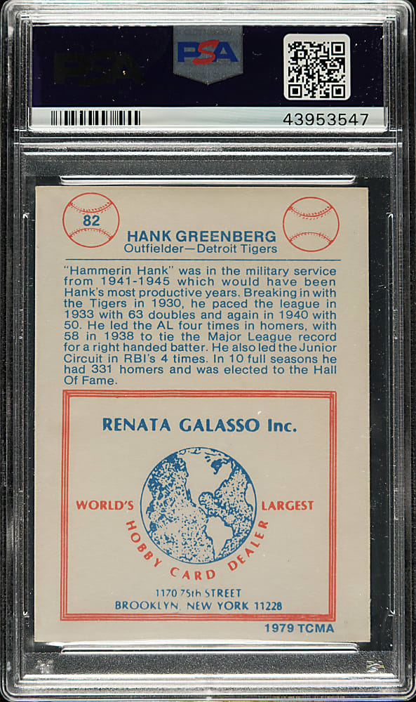Signed 1979 TCMA Renata Galasso #82 Hank Greenberg - PSA/DNA