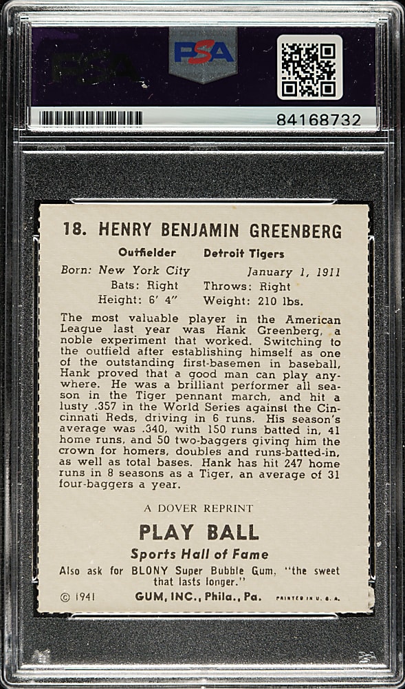 Signed 1941 R336 Play Ball Reprint #18 Hank Greenberg - PSA/DNA