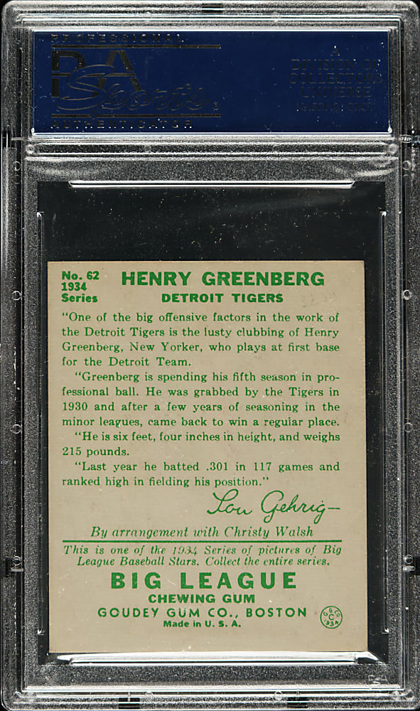 Signed 1976 Goudey Reprints #62 Hank Greenberg - PSA/DNA