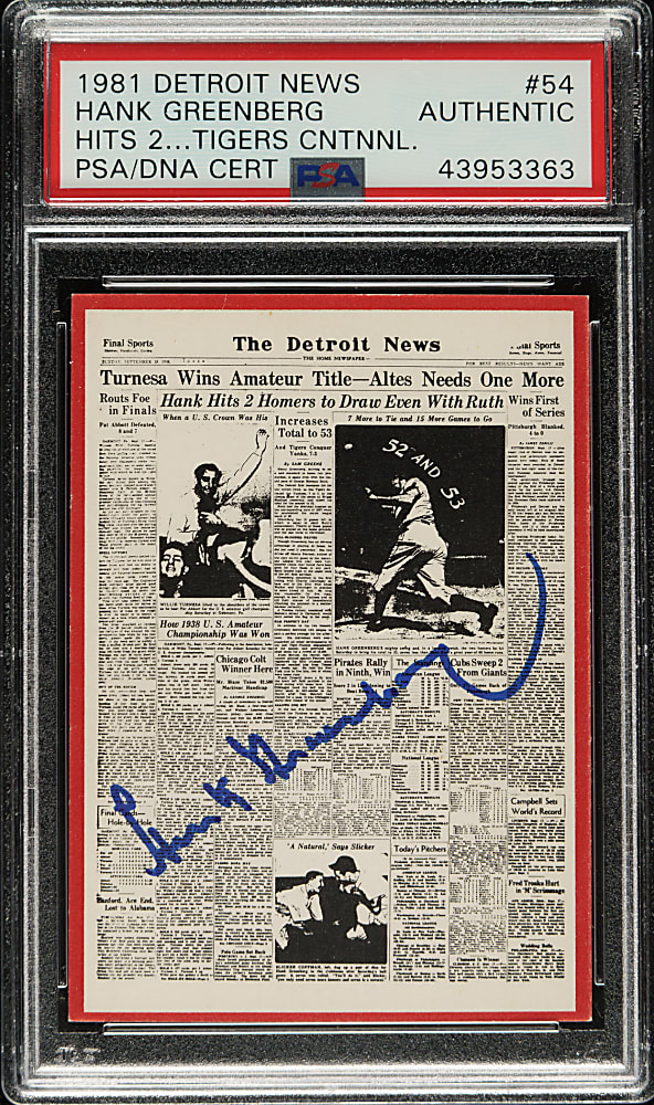 Signed 1981 Detroit News Detroit Tigers Boys of Summer 100th Anniversary #54 Hank Greenberg - PSA/DNA