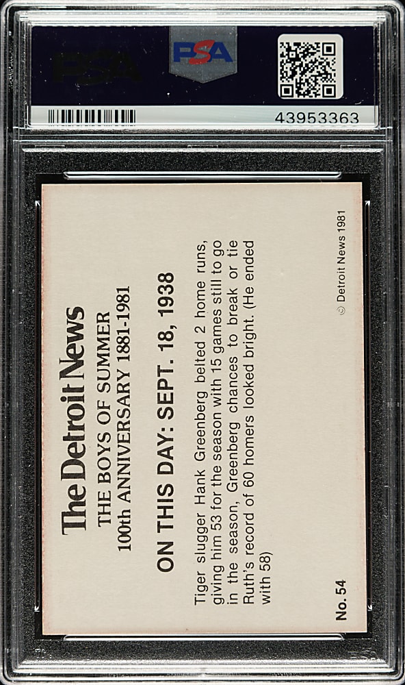 Signed 1981 Detroit News Detroit Tigers Boys of Summer 100th Anniversary #54 Hank Greenberg - PSA/DNA