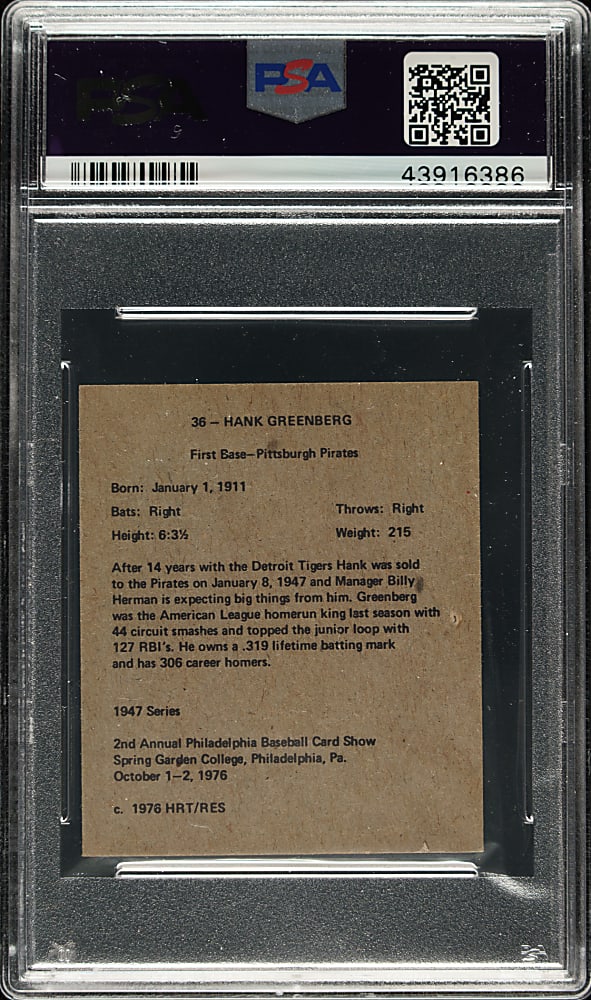 Signed 1976-1977 HRT/RES 1947 Bowman #36 Hank Greenberg - PSA/DNA