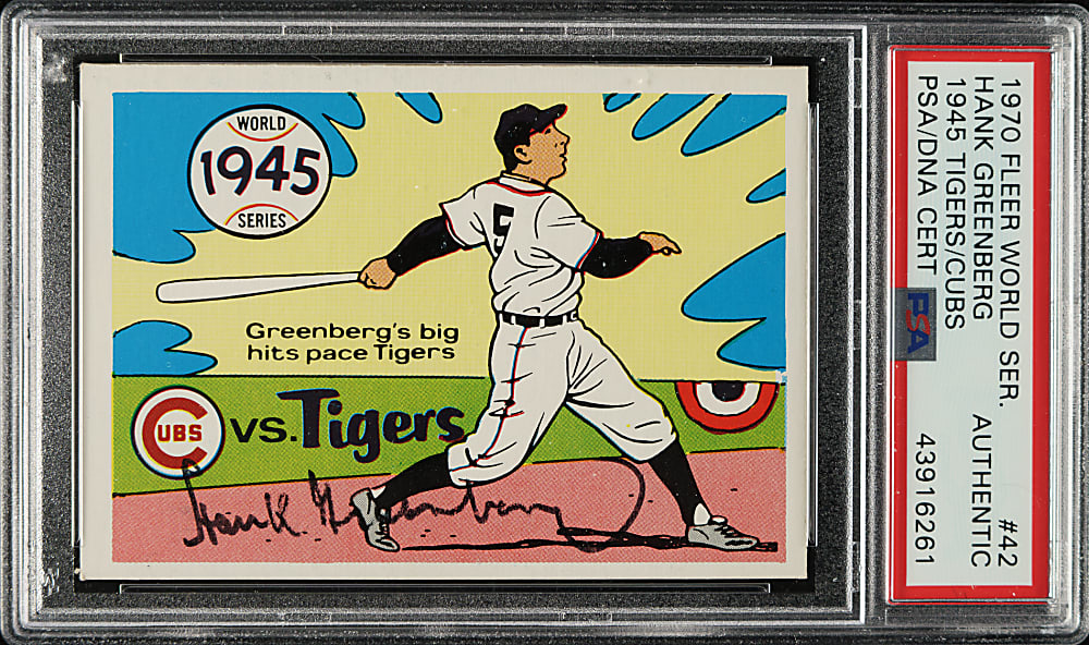 Signed 1970 Fleer World Series #42 1945 Cubs vs. Tigers with Hank Greenberg - PSA/DNA