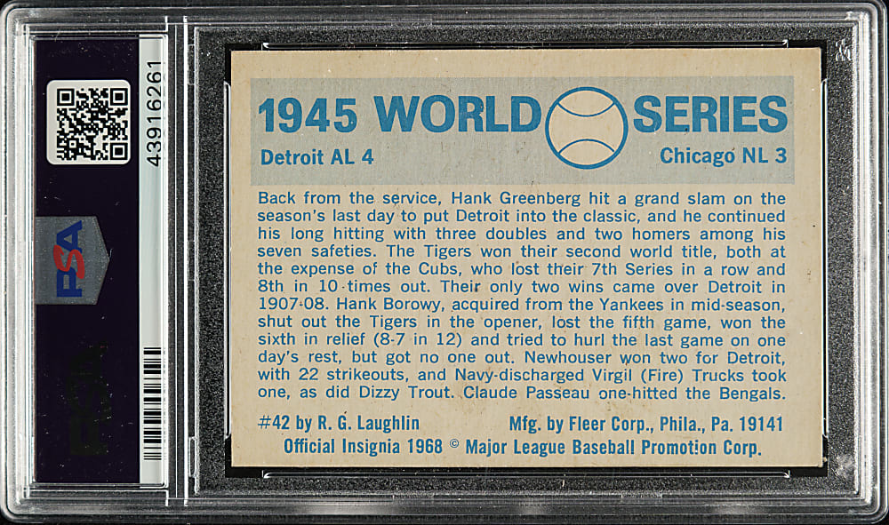 Signed 1970 Fleer World Series #42 1945 Cubs vs. Tigers with Hank Greenberg - PSA/DNA