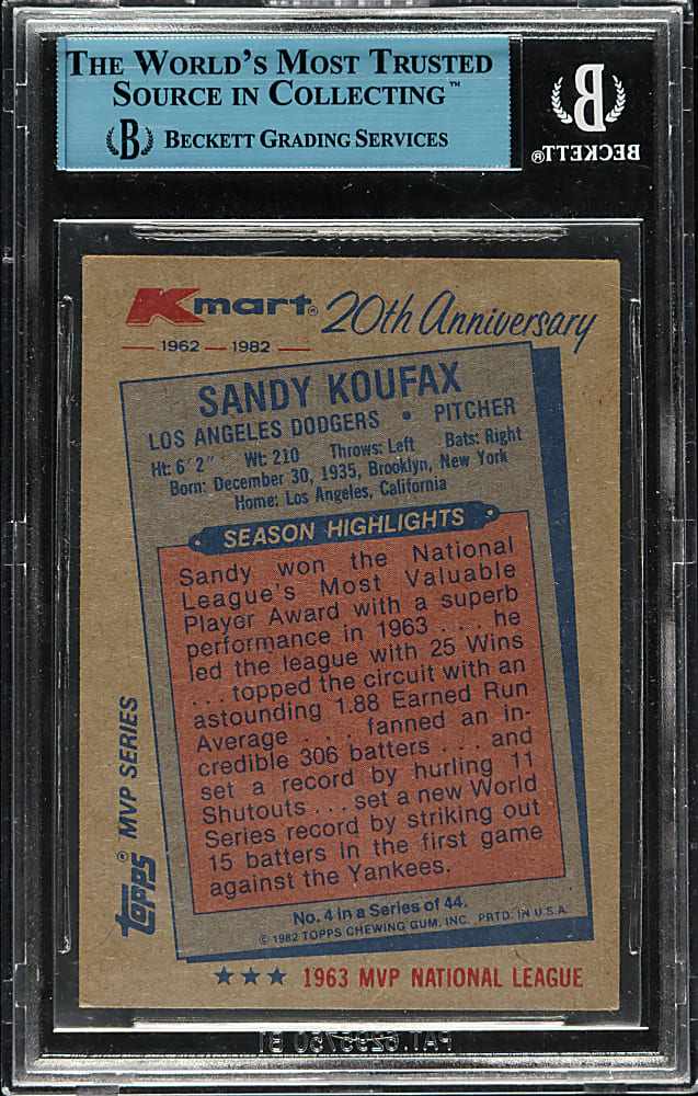 Signed 1982 Topps K-Mart #4 Sandy Koufax - Beckett/JSA