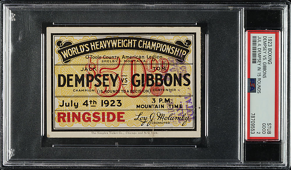July 4, 1923 Jack Dempsey vs. Tommy Gibbons Heavyweight Championship Ticket Stub PSA GOOD 2