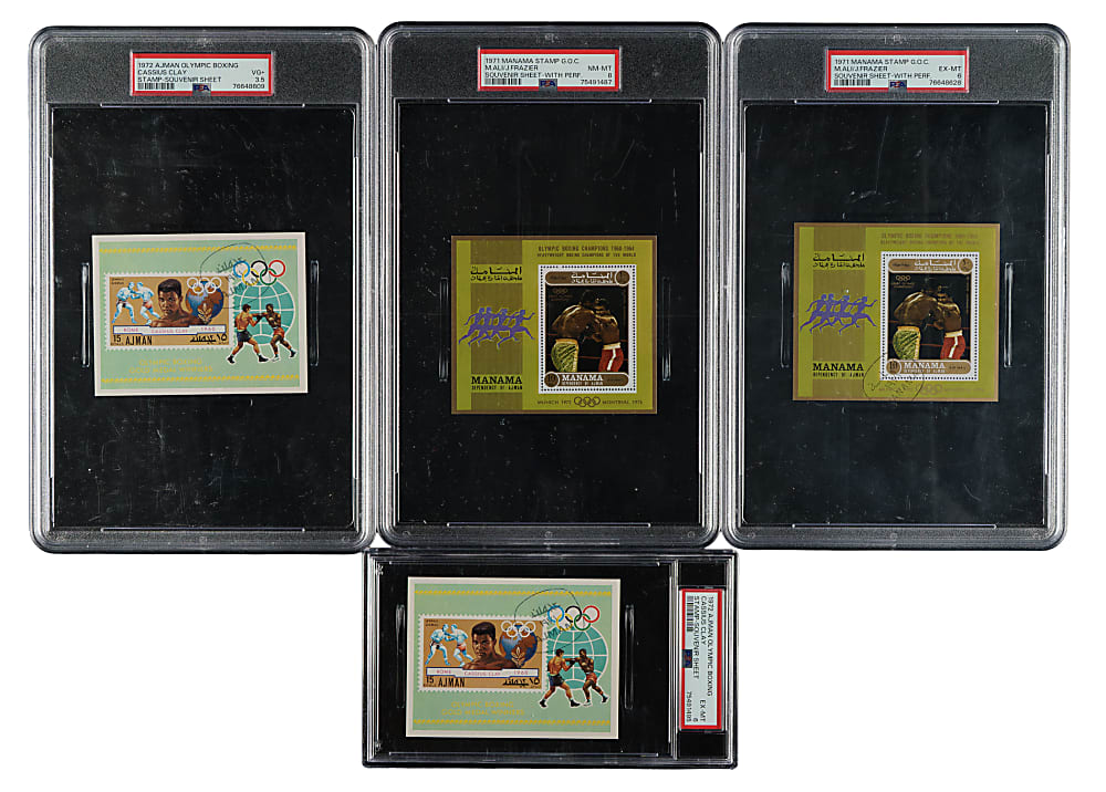 1971 and 1972 Olympic Boxing Stamp Souvenir Sheet PSA-Graded Collection (4): Cassius Clay and Joe Frazier
