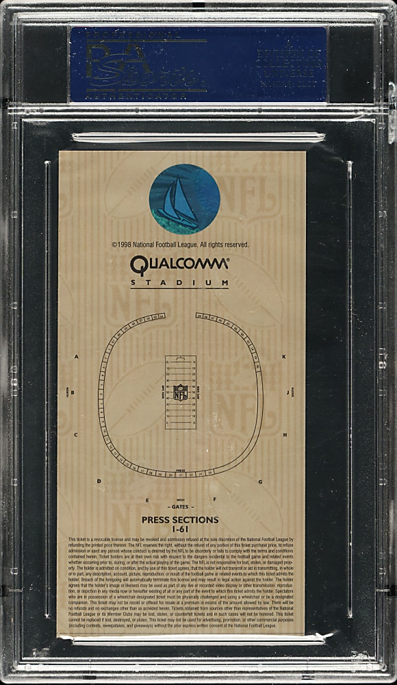 1998 Super Bowl XXXII Ticket Stub PSA GEM MINT 10 - Green Variation - MVP Terrell Davis