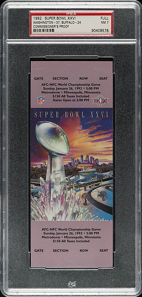 1992 Super Bowl XXVI Full Proof Ticket PSA NM 7 - MVP Mark Rypien