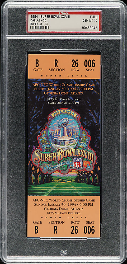 1994 Super Bowl XXVIII Full Ticket PSA GEM MINT 10 - Orange Variation - MVP Emmitt Smith