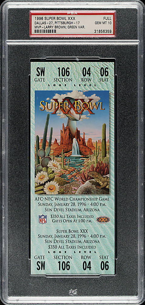 1996 Super Bowl XXX Full Ticket PSA GEM MINT 10 - Green Variation - MVP Larry Brown