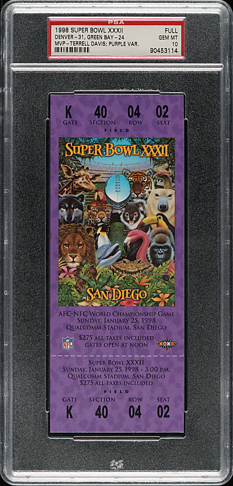 1998 Super Bowl XXXII Full Ticket PSA GEM MINT 10 - Purple Variation - MVP Terrell Davis