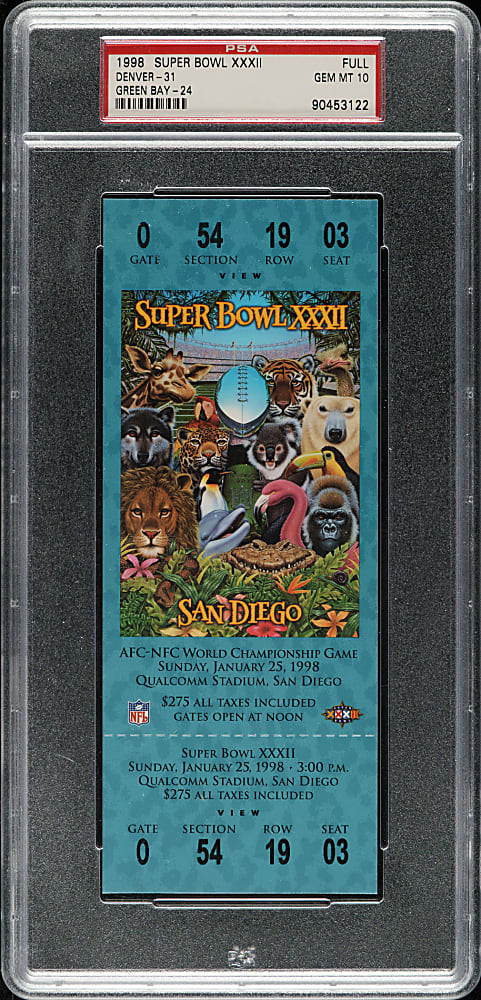 1998 Super Bowl XXXII Full Ticket PSA GEM MINT 10 - Blue Variation - MVP Terrell Davis