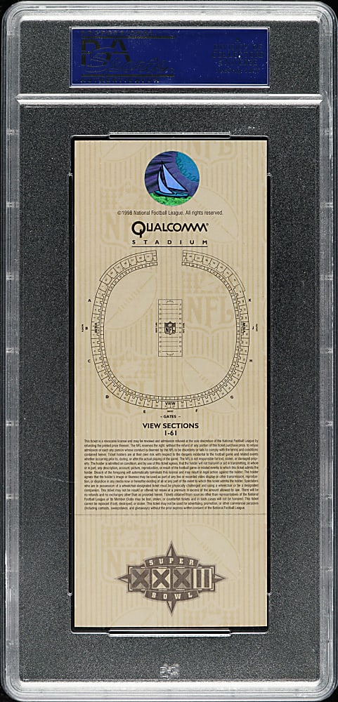 1998 Super Bowl XXXII Full Ticket PSA GEM MINT 10 - Blue Variation - MVP Terrell Davis