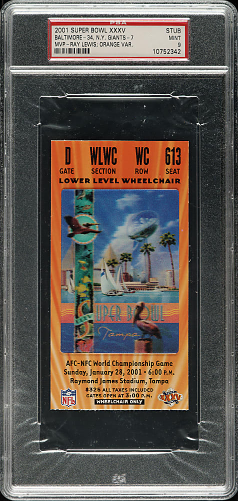 2001 Super Bowl XXXV Ticket Stub PSA MINT 9 - Orange Variation - MVP Ray Lewis