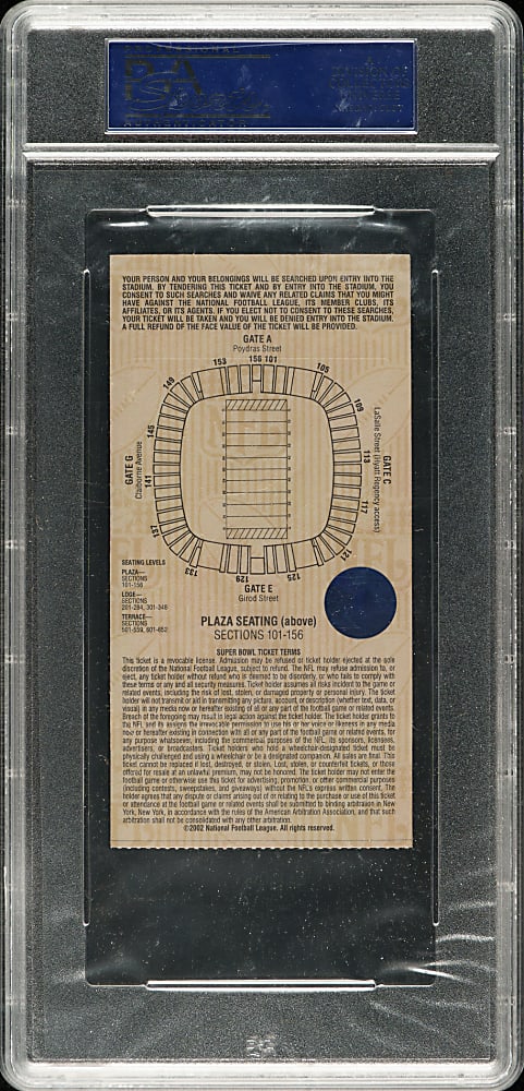 2002 Super Bowl XXXVI Ticket Stub PSA EX-MT 6 - Khaki Variation - MVP Tom Brady