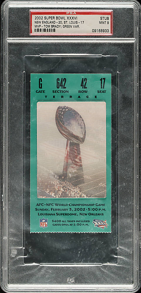2002 Super Bowl XXXVI Ticket Stub PSA MINT 9 - Green Variation - MVP Tom Brady