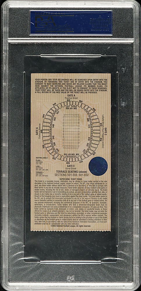 2002 Super Bowl XXXVI Ticket Stub PSA MINT 9 - Green Variation - MVP Tom Brady