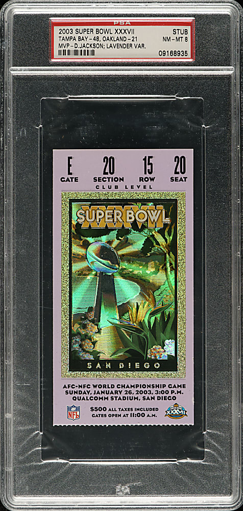 2003 Super Bowl XXXVII Ticket Stub PSA NM-MT 8 - Lavender Variation - MVP Dexter Jackson