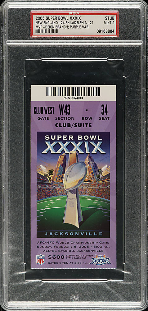 2005 Super Bowl XXXIX Ticket Stub PSA MINT 9 - Purple Variation - MVP Deion Branch