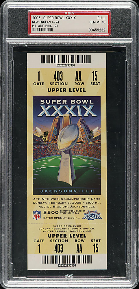 2005 Super Bowl XXXIX Full Ticket PSA GEM MINT 10 - Yellow Variation - MVP Deion Branch