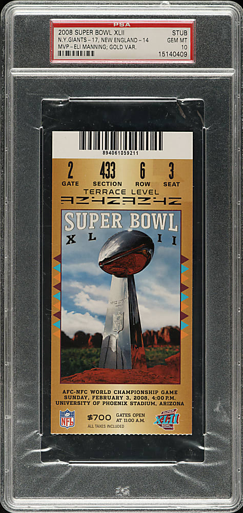 2008 Super Bowl XLII Ticket Stub PSA GEM MINT 10 - Gold Variation - MVP Eli Manning