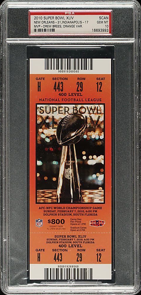 2010 Super Bowl XLIV Scan Ticket PSA GEM MINT 10 - Orange Variation - MVP Drew Brees
