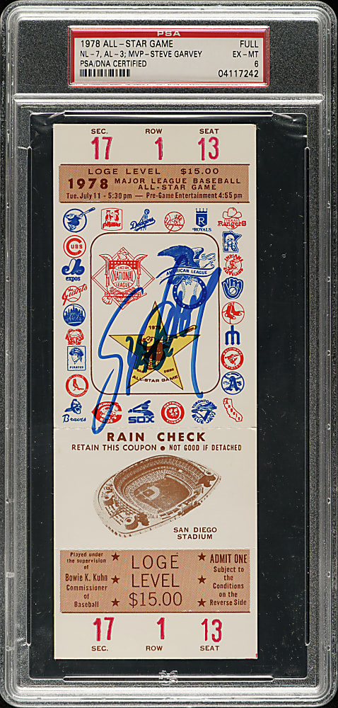 Steve Garvey Signed 1978 All-Star Game Full Ticket PSA EX-MT 6 - MVP Steve Garvey