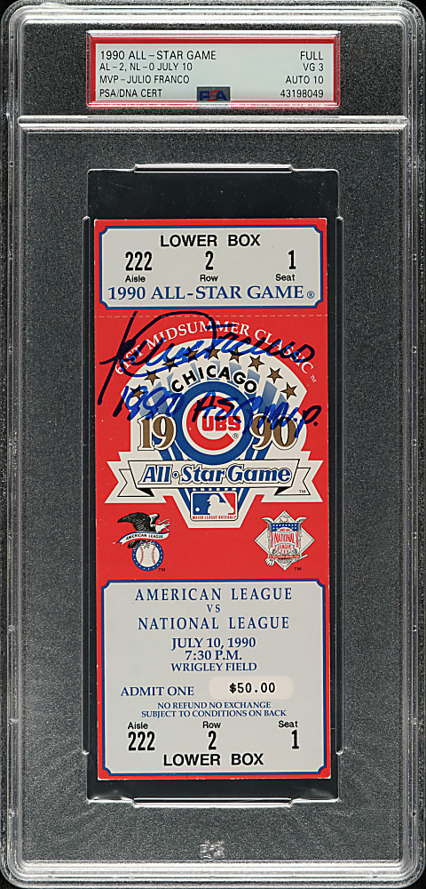 Julio Franco Signed 1990 All-Star Game Full Ticket PSA VG 3 with GEM MINT 10 Signature - MVP Julio Franco