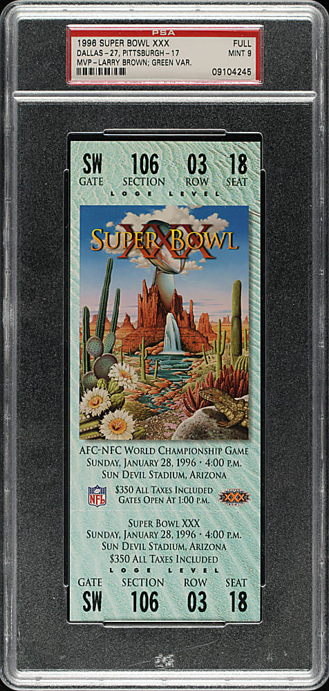 1996 Super Bowl XXX Full Ticket PSA MINT 9 - Green Variation - MVP Larry Brown