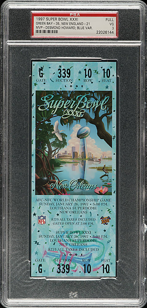 1997 Super Bowl XXXI Full Ticket PSA VG 3 - Blue Variation - MVP Desmond Howard