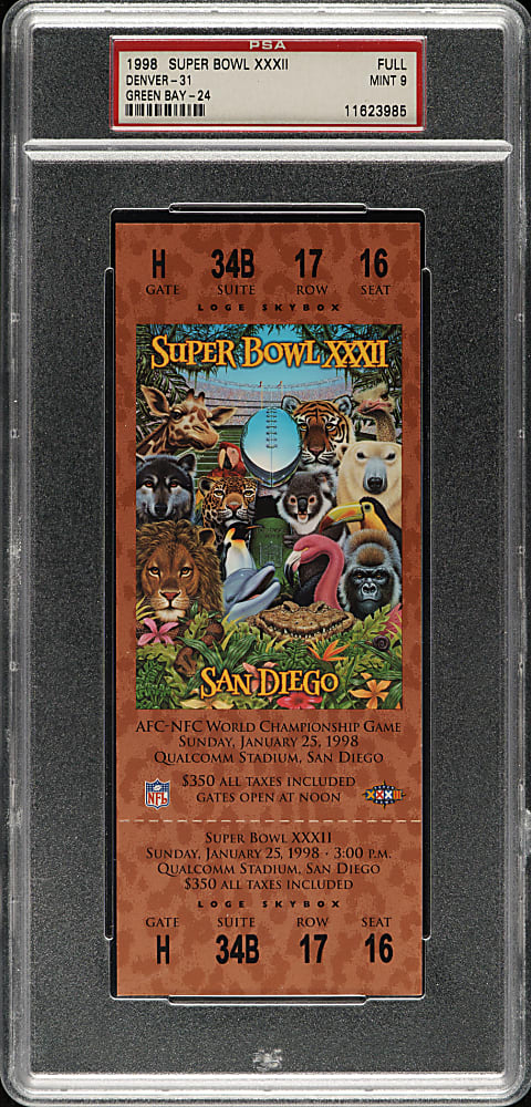 1998 Super Bowl XXXII Full Ticket PSA MINT 9 - Blue Variation - MVP Terrell Davis