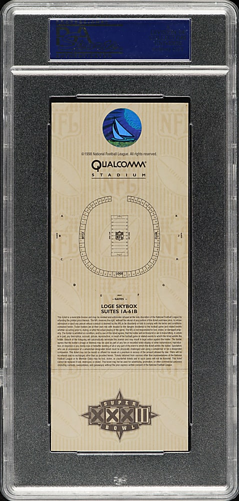 1998 Super Bowl XXXII Full Ticket PSA MINT 9 - Blue Variation - MVP Terrell Davis