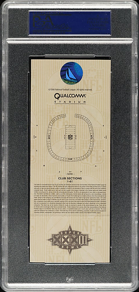 1998 Super Bowl XXXII Full Ticket PSA MINT 9 - Green Variation - MVP Terrell Davis