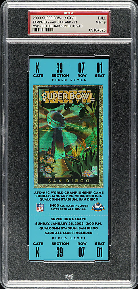 2003 Super Bowl XXXVII Full Ticket PSA MINT 9 - Blue Variation - MVP Dexter Jackson