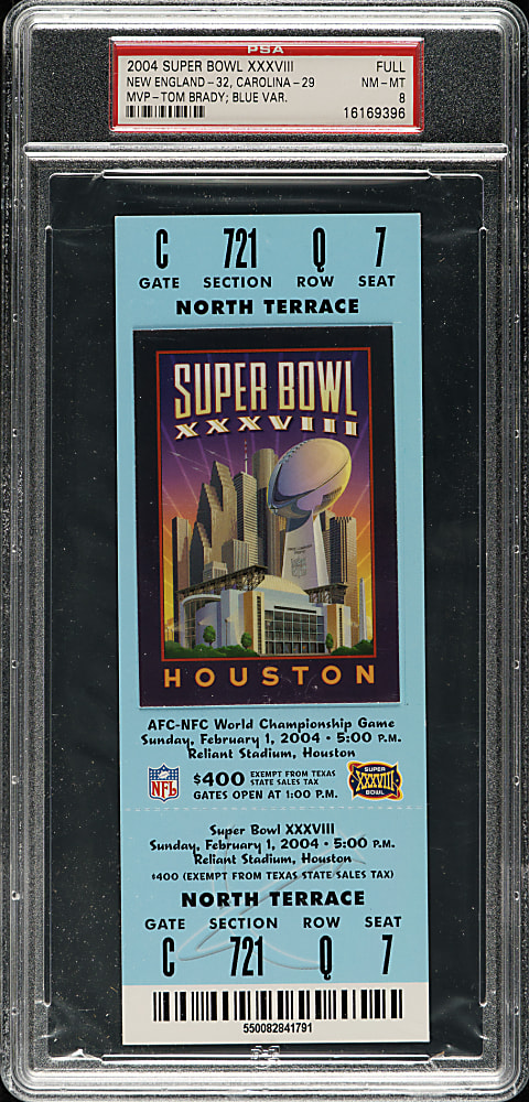 2004 Super Bowl XXXVIII Full Ticket PSA NM-MT 8 - Blue Variation - MVP Tom Brady