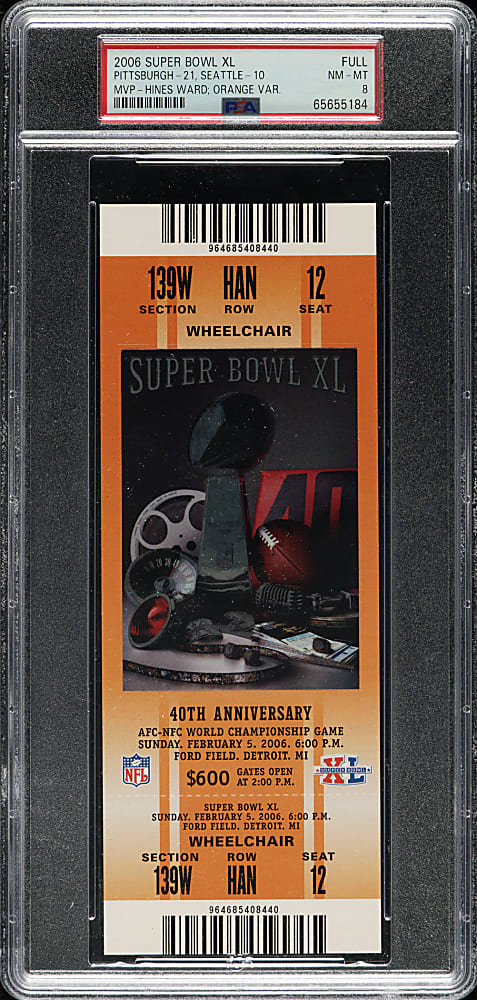 2006 Super Bowl XL Full Ticket PSA NM-MT 8 - Orange Variation - MVP Hines Ward