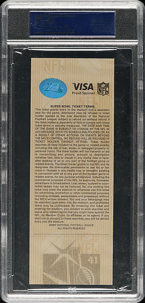 2007 Super Bowl XLI Full Ticket PSA MINT 9 - Orange Variation - MVP Peyton Manning
