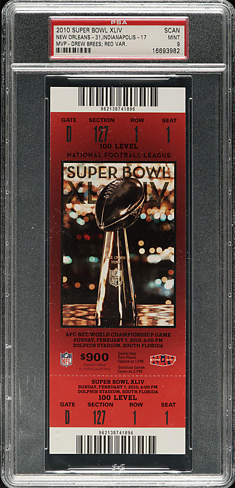 2010 Super Bowl XLIV Scan Ticket PSA MINT 9 - Red Variation - MVP Drew Brees