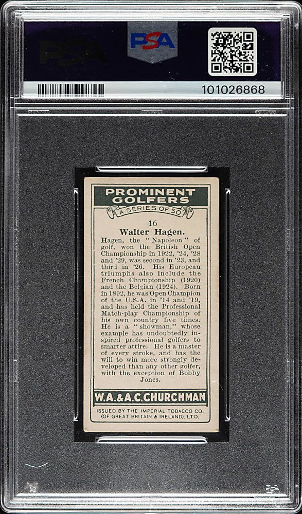 1931 W. A. & A. C. Churchman "Prominent Golfers" (Small) #16 Walter Hagen PSA VG-EX+ 4.5