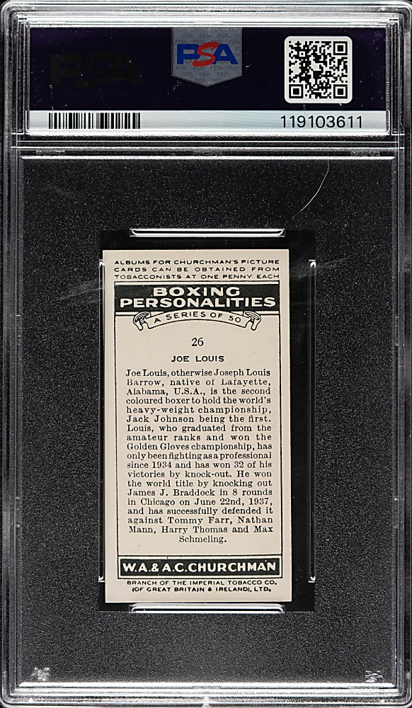 1938 W. A. & A. C. Churchman "Boxing Personalities" #26 Joe Louis PSA VG-EX 4