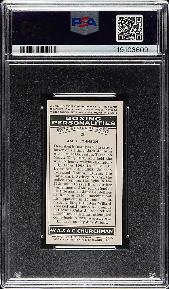 1938 W. A. & A. C. Churchman "Boxing Personalities" Jack Johnson PSA EX 5