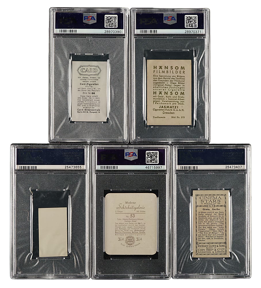 1930 to 1937 Jasmatzi, Lloyd & Sons, and Massary Caid Greta Garbo PSA-Graded Collection (5)