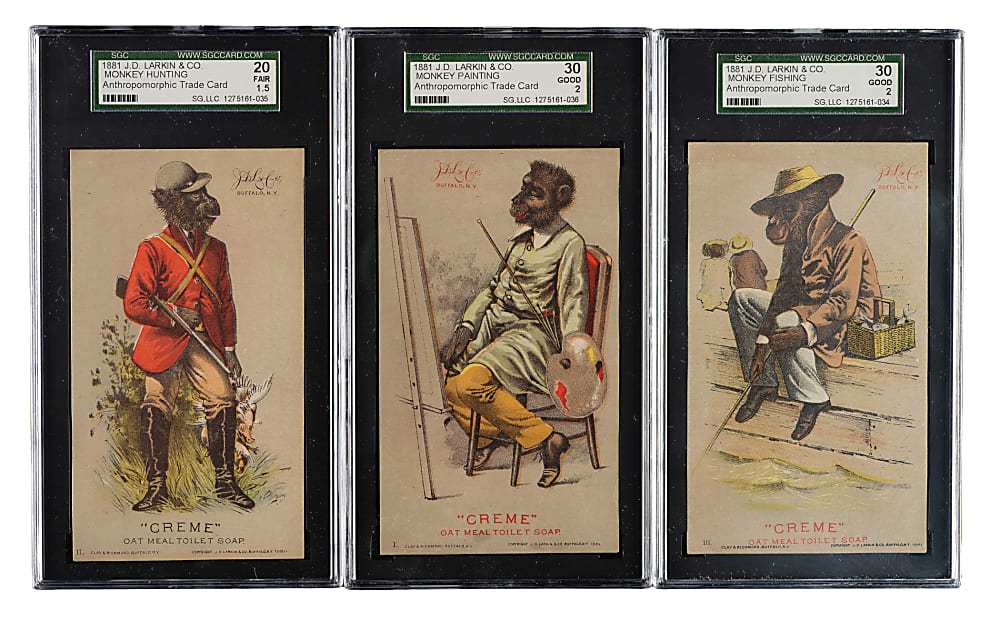 1881 J. D. Larkin & Co. Anthropomorphic Trade Card Trio: Money Fishing, Monkey Hunting, and Monkey Painting