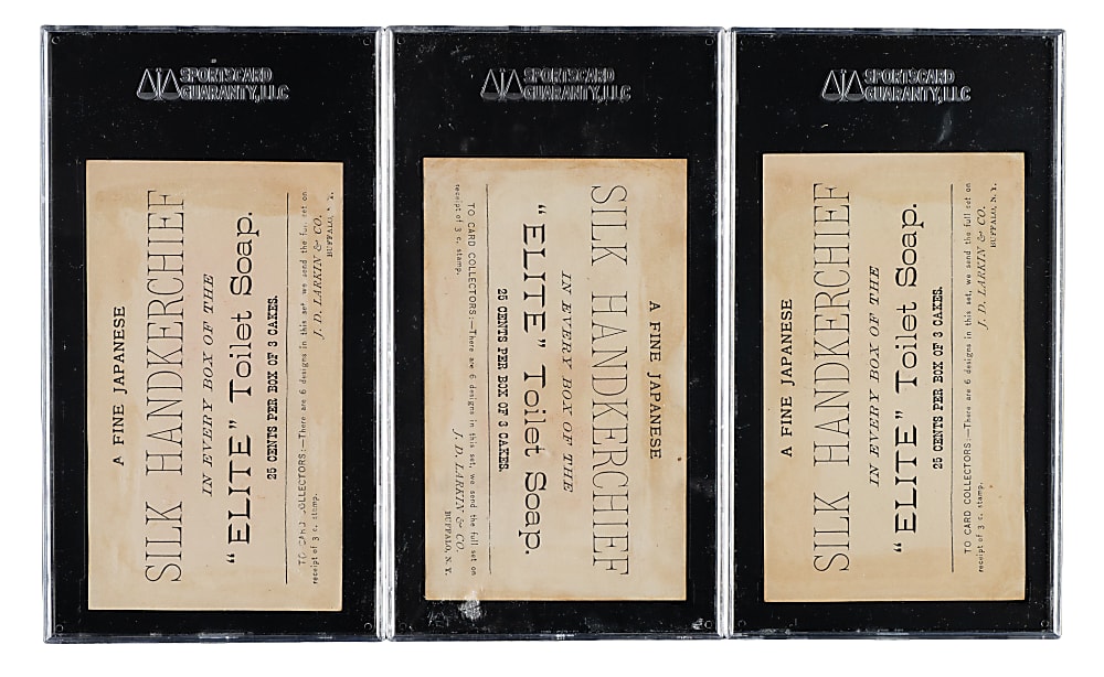 1881 J. D. Larkin & Co. Anthropomorphic Trade Card Trio: Money Fishing, Monkey Hunting, and Monkey Painting