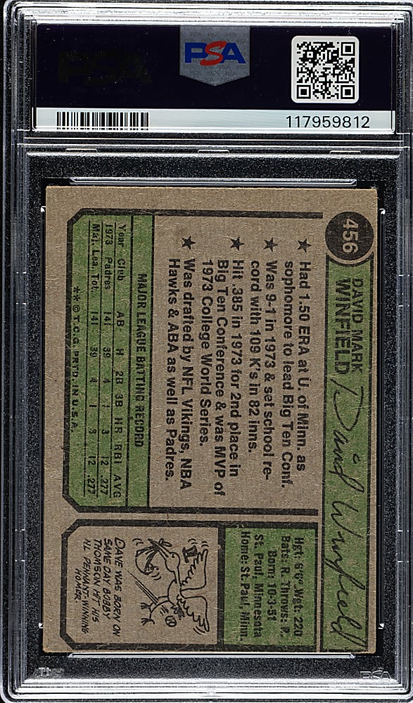 Signed 1974 Topps #456 Dave Winfield Rookie PSA VG 3 with MINT 9 Signature