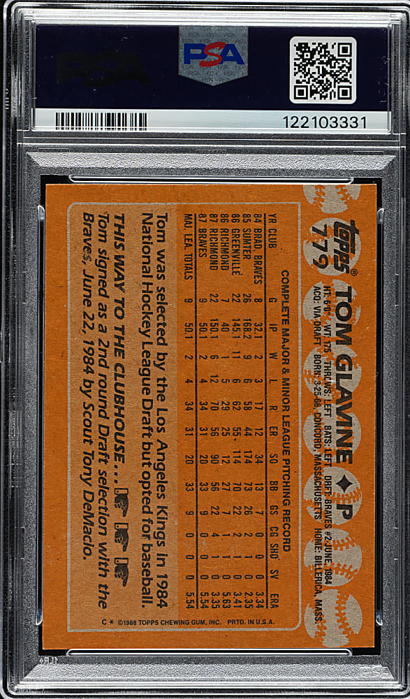 Signed 1988 Topps #779 Tom Glavine Rookie PSA NM-MT 8 with NM-MT 8 Signature