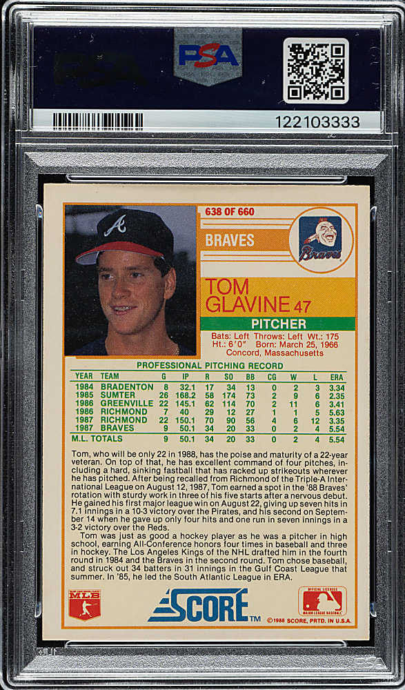 Signed 1988 Score #638 Tom Glavine Rookie PSA NM 7 with GEM MINT 10 Signature