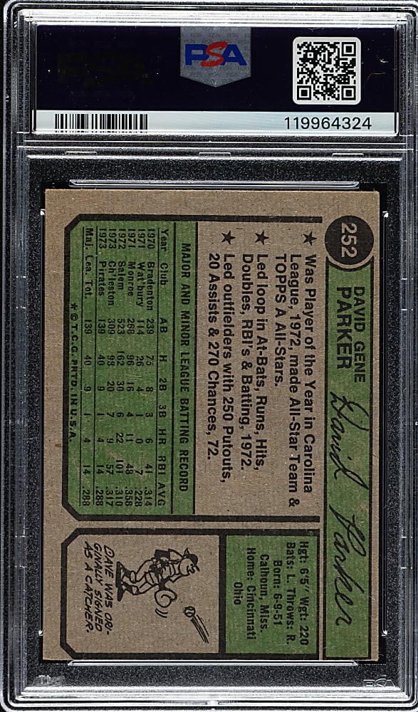 Signed 1974 Topps #252 Dave Parker Rookie PSA VG-EX 4 (MC) with NM-MT 8 Signature