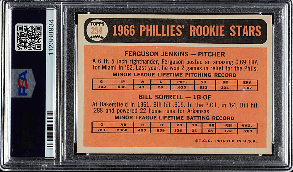 Signed 1966 Topps #254 Fergie Jenkins Rookie PSA VG-EX 4 with GEM MINT 10 Signature